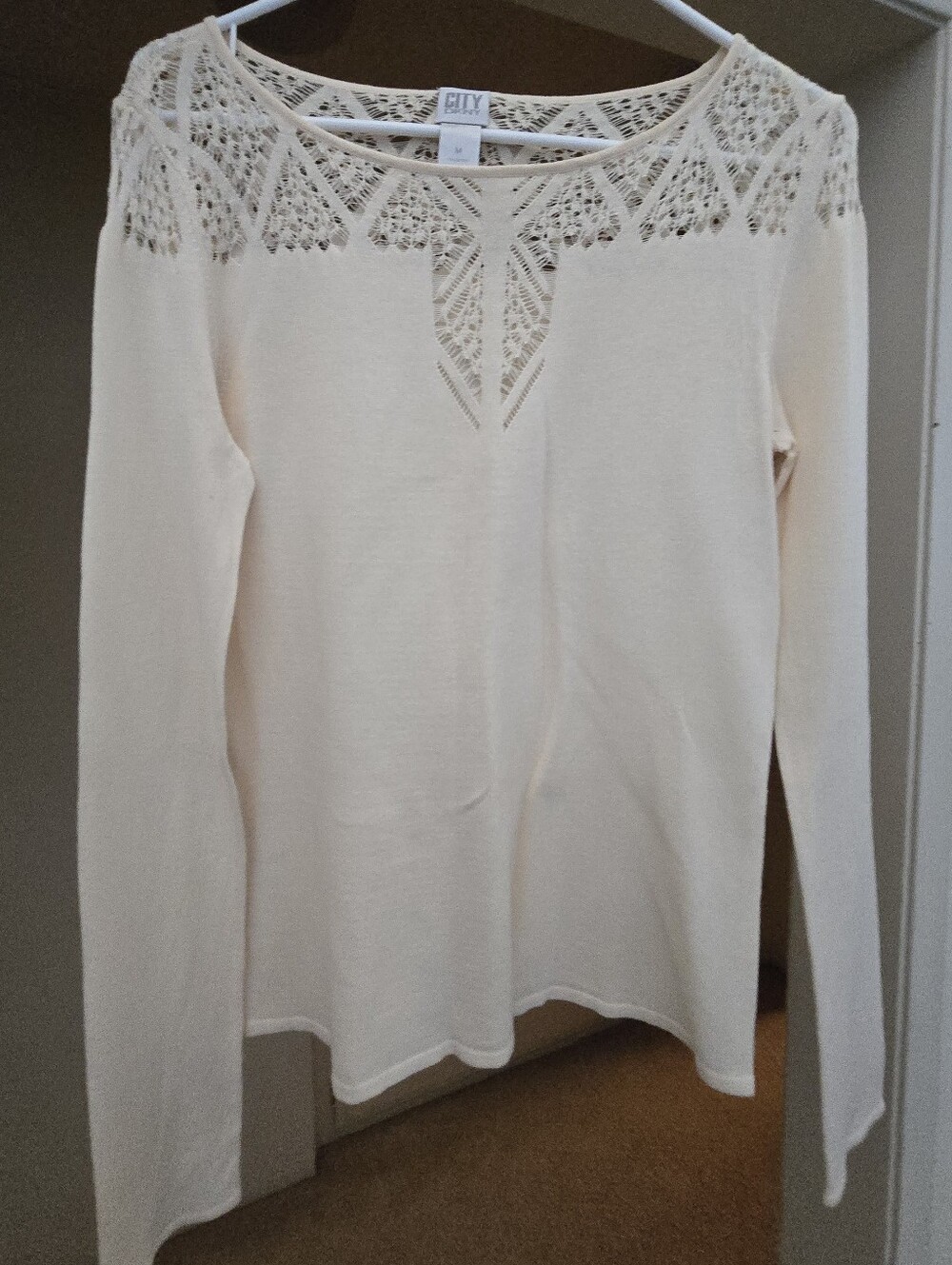 DKNY Cream Lace Yoke Scoop-Neck Sweater